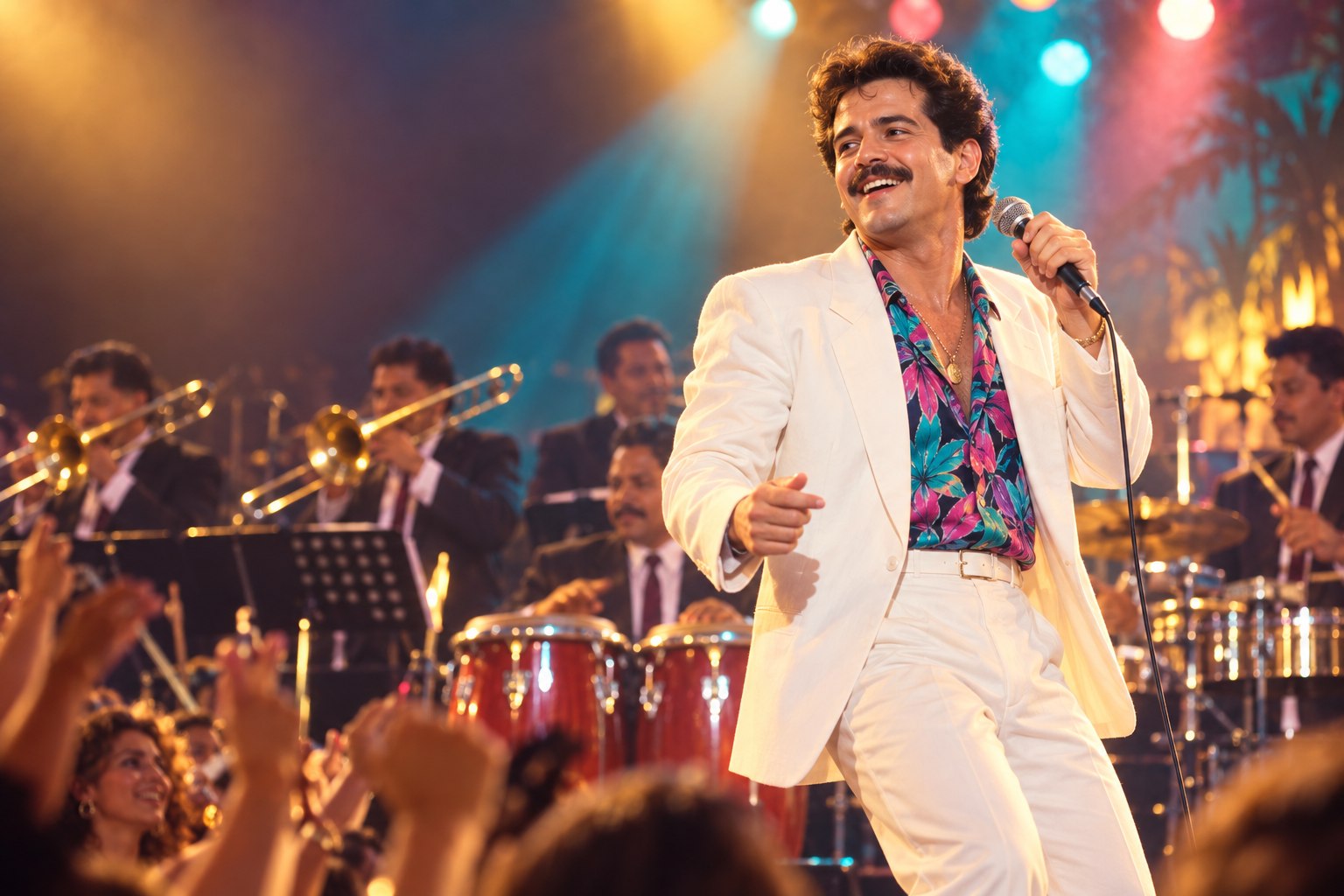 Ilustración editorial de Frankie Ruiz cantando junto a una orquesta de salsa
